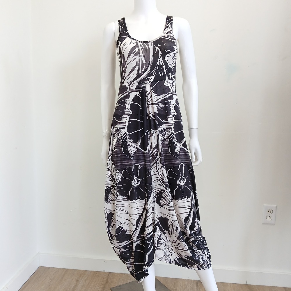Deca Paris Maxi Dress Women 6 Black White Floral Draped Harem Avant Garde France